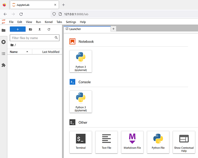 The start screen of JupyterLab