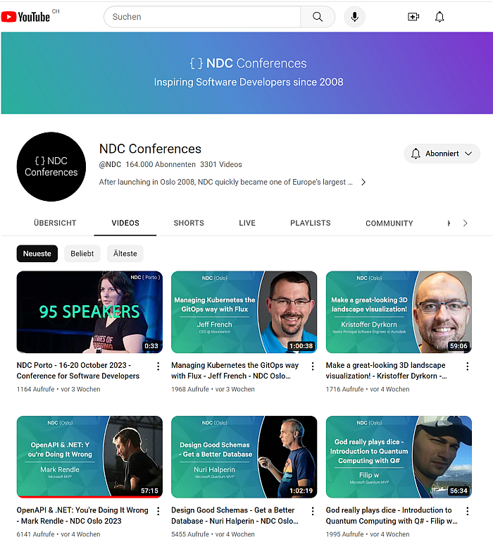 The YouTube channel of NDC has currently 3301 videos of talks and promo videos for their conferences.