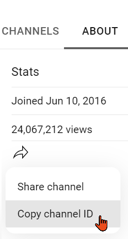 Click on the share icon and then on Copy channel ID.