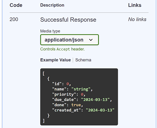 The response now shows a list of TaskOutput classes.