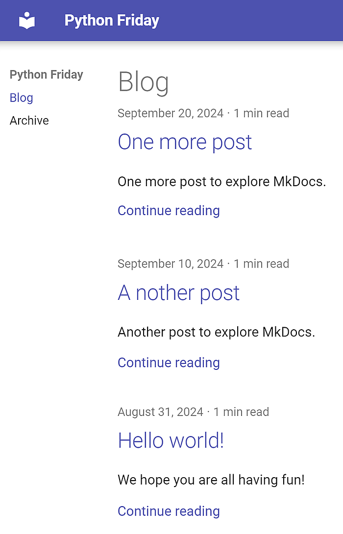 The blog index shows our 3 posts.