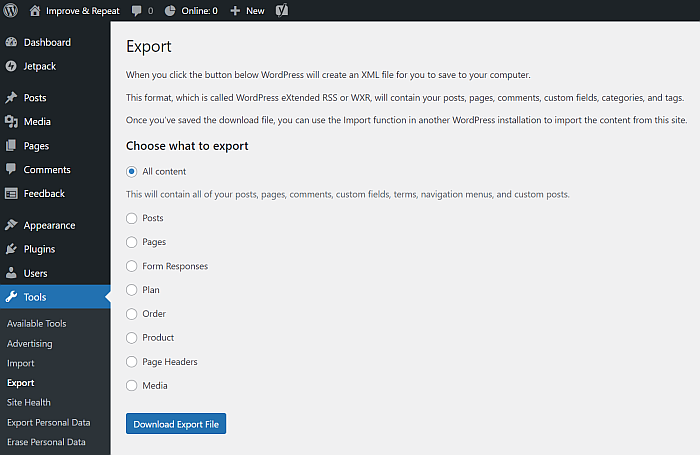 The export dialog let us specify what we want to export. Select the option All content.