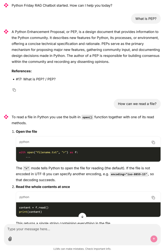 We get the same answers as we did on the command line when we ask about reading files or PEP. But this time we get nice syntax highlighting on top.