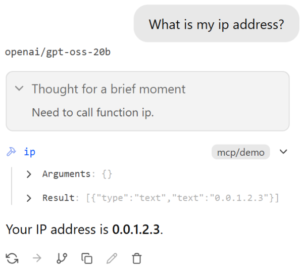 LM Studio now answers with Your IP address is 0.0.1.2.3 – the dummy value of our tool.