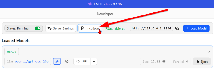 Next to the server activation button is a button for MCP servers.